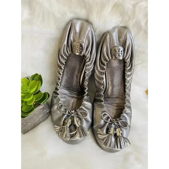 Tory Burch Metallic Silver Flats with Tassel Detail Size 9 - Picture 1 of 8